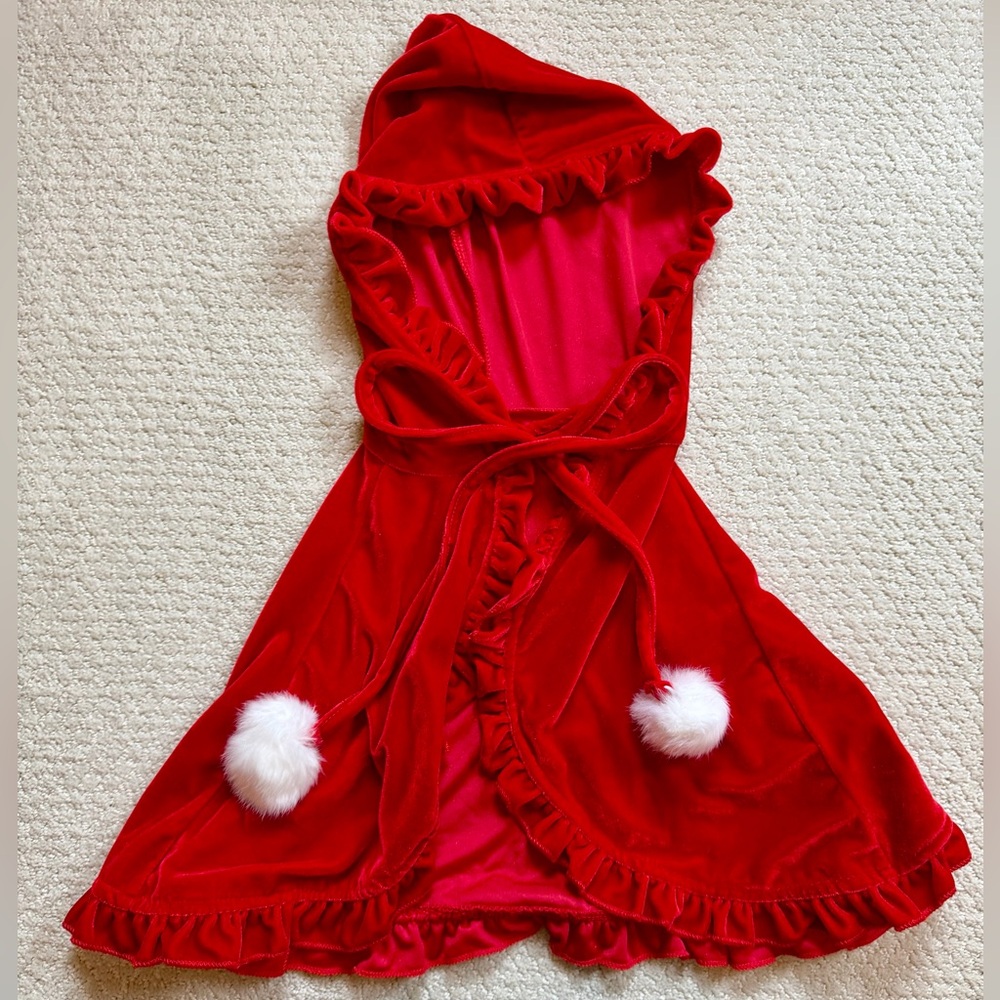 Red Velvet Hooded Cloak Cape with Ruffles and White Puff Ball Ties Size 9-12m